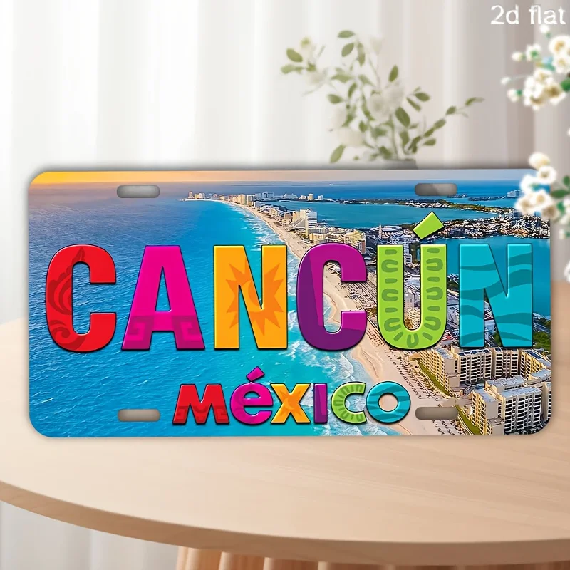 2D Flat, Cancun Mexico Wall Art Sign - Vintage Tropical Beach Decor with Cancun Mexico Lettering, Palm Trees & Turquoise Sea