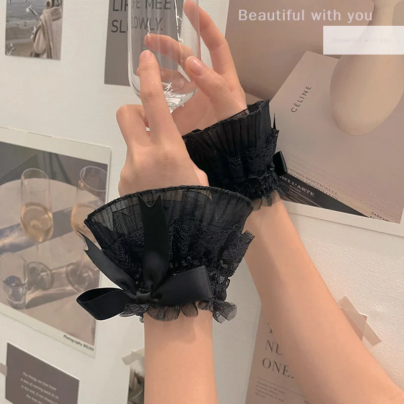 

1Pair Detachable Cuffs Pearl Lace Mesh Fake Flared Sleeves Women Pleated False Cuffs Wristband Wrist Warmers Nail Photography