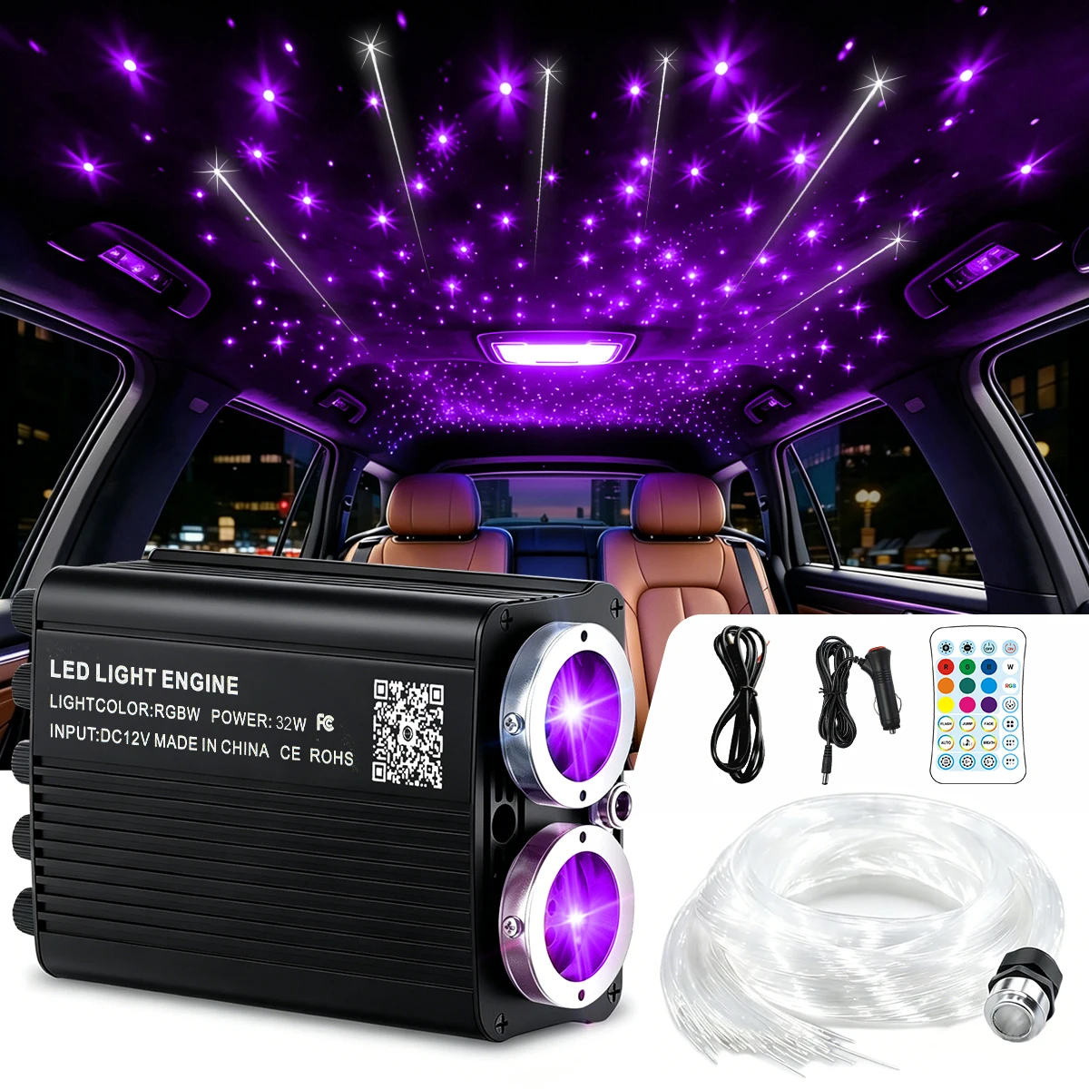 Twinkle Starlight Headliner Kit for Car, 750‑1000pcs 0.02in/0.03in Fiber Optic Star Lights, APP & Remote Control, White Shooting Star Effect, for Car Ceiling Home Party Decoration