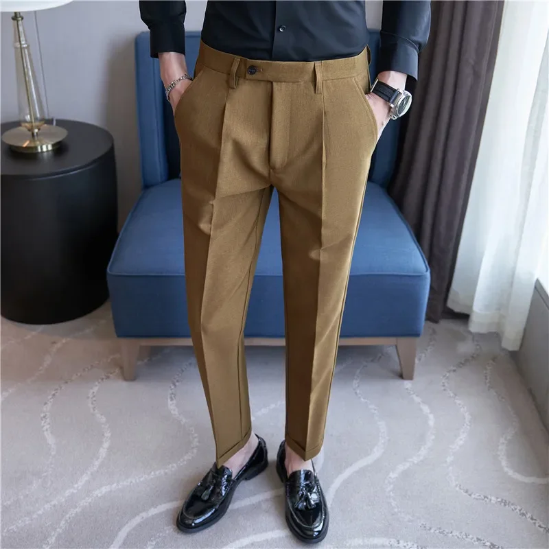 Men Brown Pants 2024 Autumn New Casual Elastic Slim Fit Suit Pants Dress Trousers Pantalon Homme Wedding Party Men Clothing