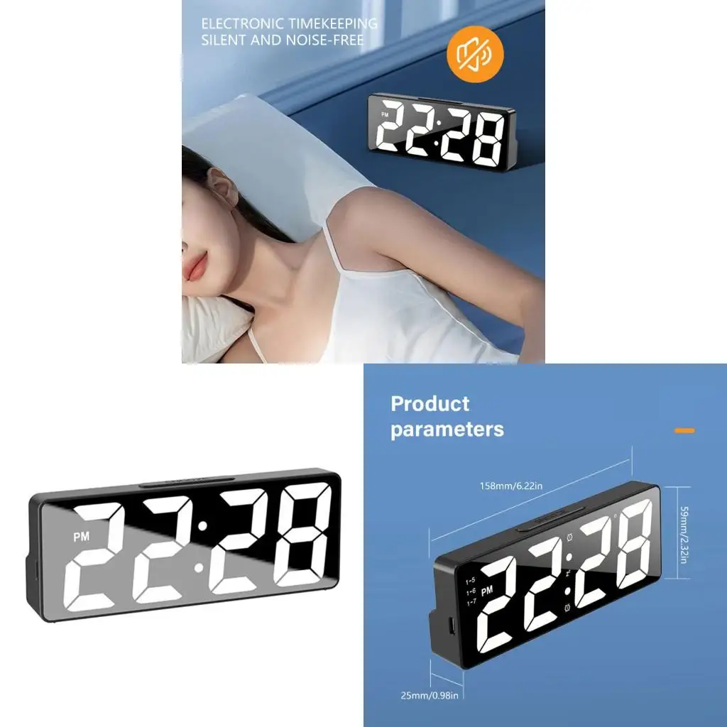 4XFC Stylish LED Electronic Clock Mirror Design USB Battery Powered Light Sensors Feature
