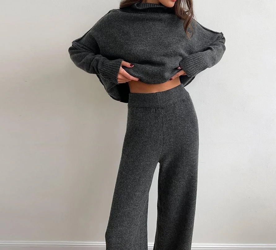 Fall/Winter Loose-Weave Casual High-Neck Sweater Set and Lazy Thick Knitted Pants Set