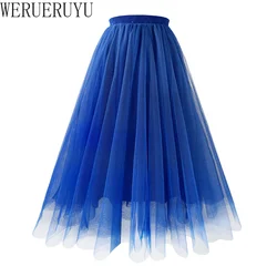 New Mesh Gauze Pleated A-line Skirt Kawaii Prom Clothes for Women Summer High Waist Pink White Blue Midi Tulle Skirts Woman 2023