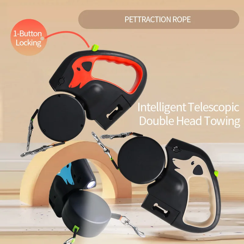 Self-Retracting Leash with LED Light, Dog Walker with 360° Swivel Double-Ended Leash, Separate Brake with 3 M Reflective Leash