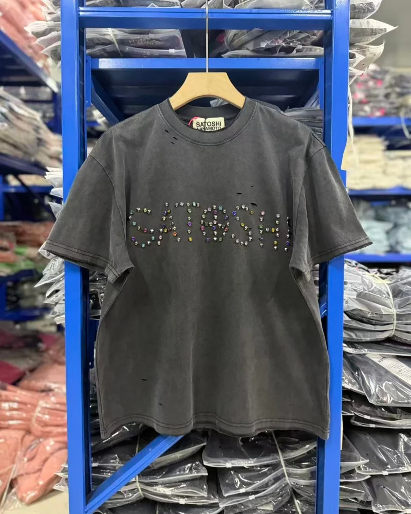 Satoshi Nakamoto High-End Men's and Women's Summer Loose-Fit Distressed Studded Vintage Short-Sleeve T-Shirt