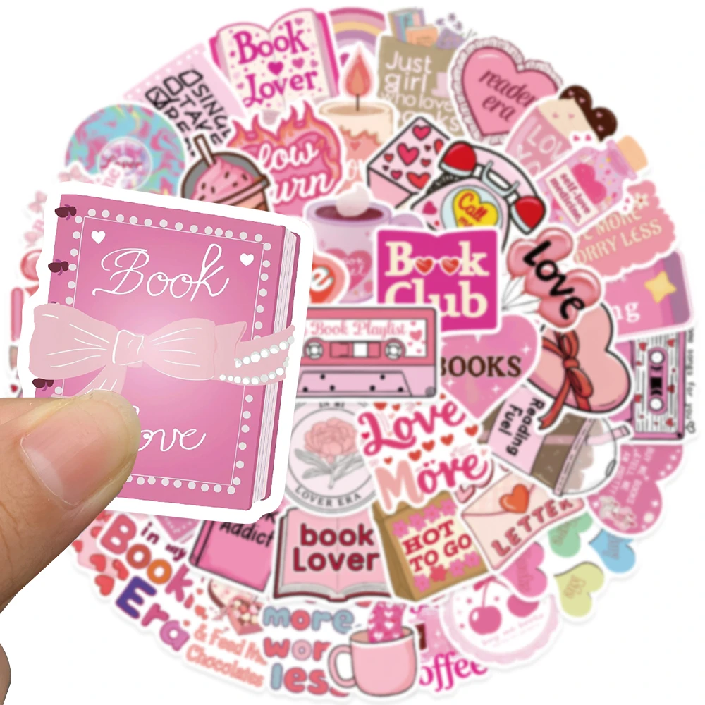 50pcs Cartoon Pink Girls Reading Book Lover Stickers For Laptop Luggage Water Bottle Scrapbook Phone Waterproof Vinyl Decals