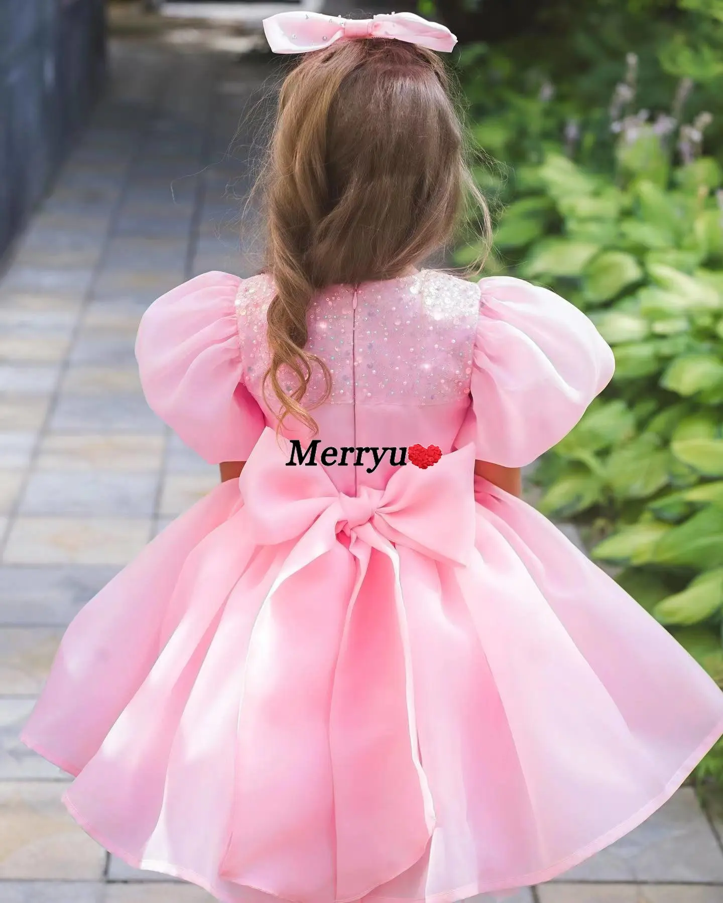 Vestido de princesa rosa para niña, vestido de desfile de manga hinchada para niña, vestido de baile de fiesta para niños