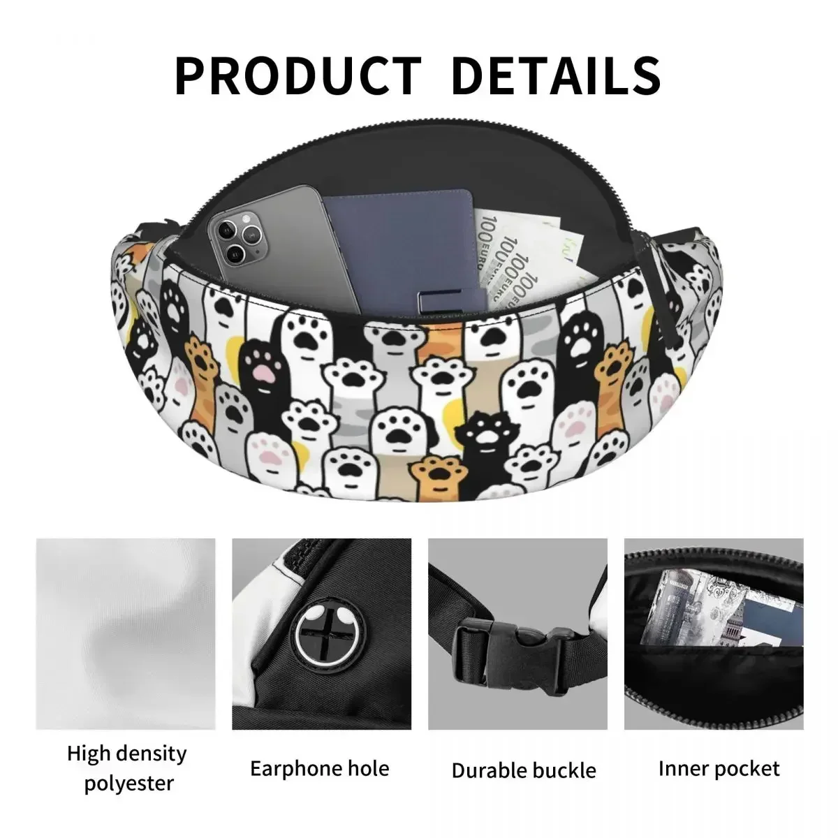 Casual Cat Paw Print Fanny Pack, Pegada do gatinho, Viagem, Caminhadas, Homens, Mulheres, Cartoon Paw Lover, Crossbody Waist Bag, Phone Money Pouch