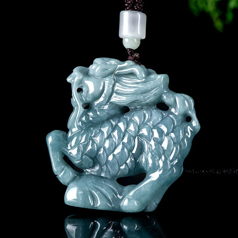 Natural A-grade Jade Blue Water Three-dimensional Qilin Lucky Ice Jadeite Gold Pendant Men's Charms Women's Jewelry Drop Ship