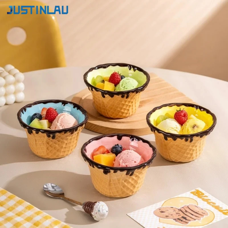 JUSTINLAU Creative Ceramic Dessert Bowl Ice‑Cream Rectangular Plates Snowball Bowl Cute Tableware Salad Bowl& Yogurt Bowl Plate