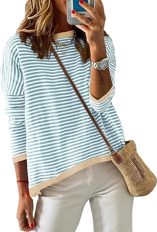 Striped Sweater Pullover Women Autumn Spring Simple Knit Elastic Pullovers Jumper Casual Thick Warm Black White Basic Jumpers