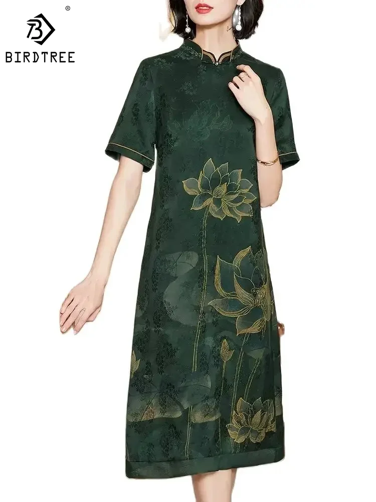 Birdtree 100%Mulberry Silk Dresses For Women, XiangYunSha Jacquard Stand Neck, Elegant Vintage Dress, 2024 Spring New D42222QM