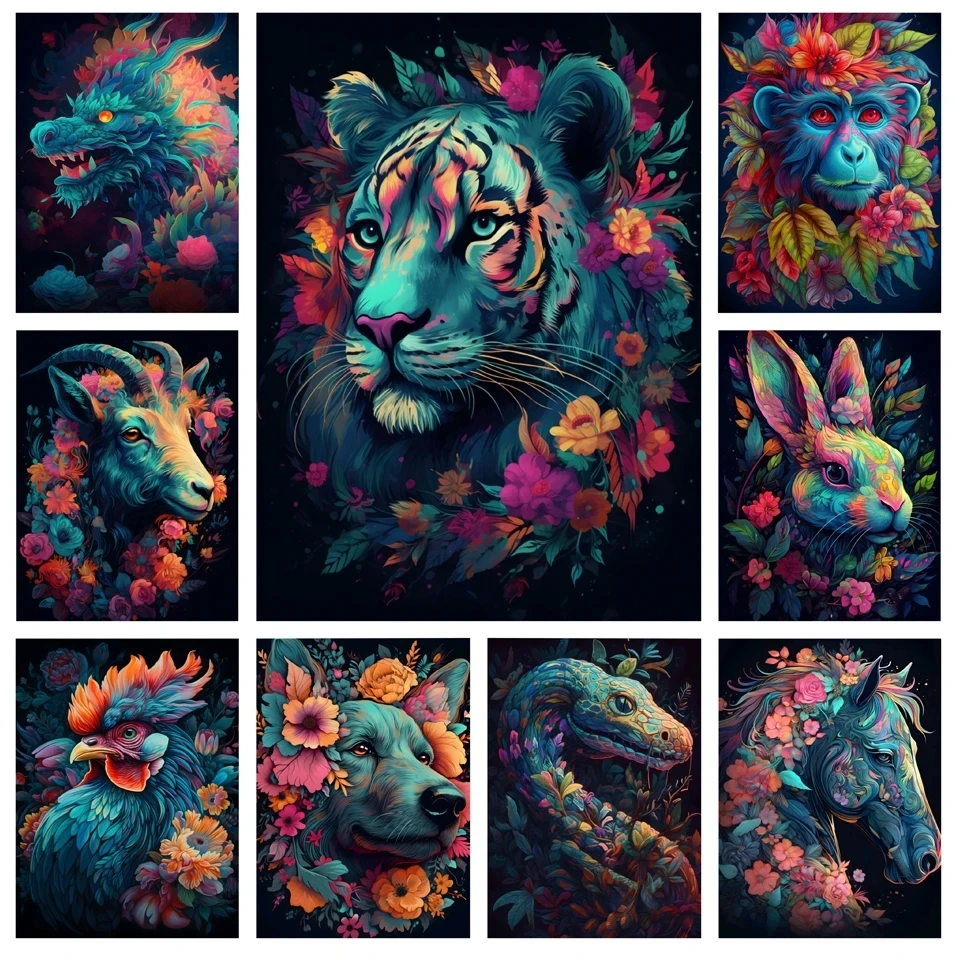 5D DIY Diamond painting Kit Chinese 12 Zodiac Signs Animal Flower Tiger Full Round/ Square Drill Embroidery Cross Stitch V225