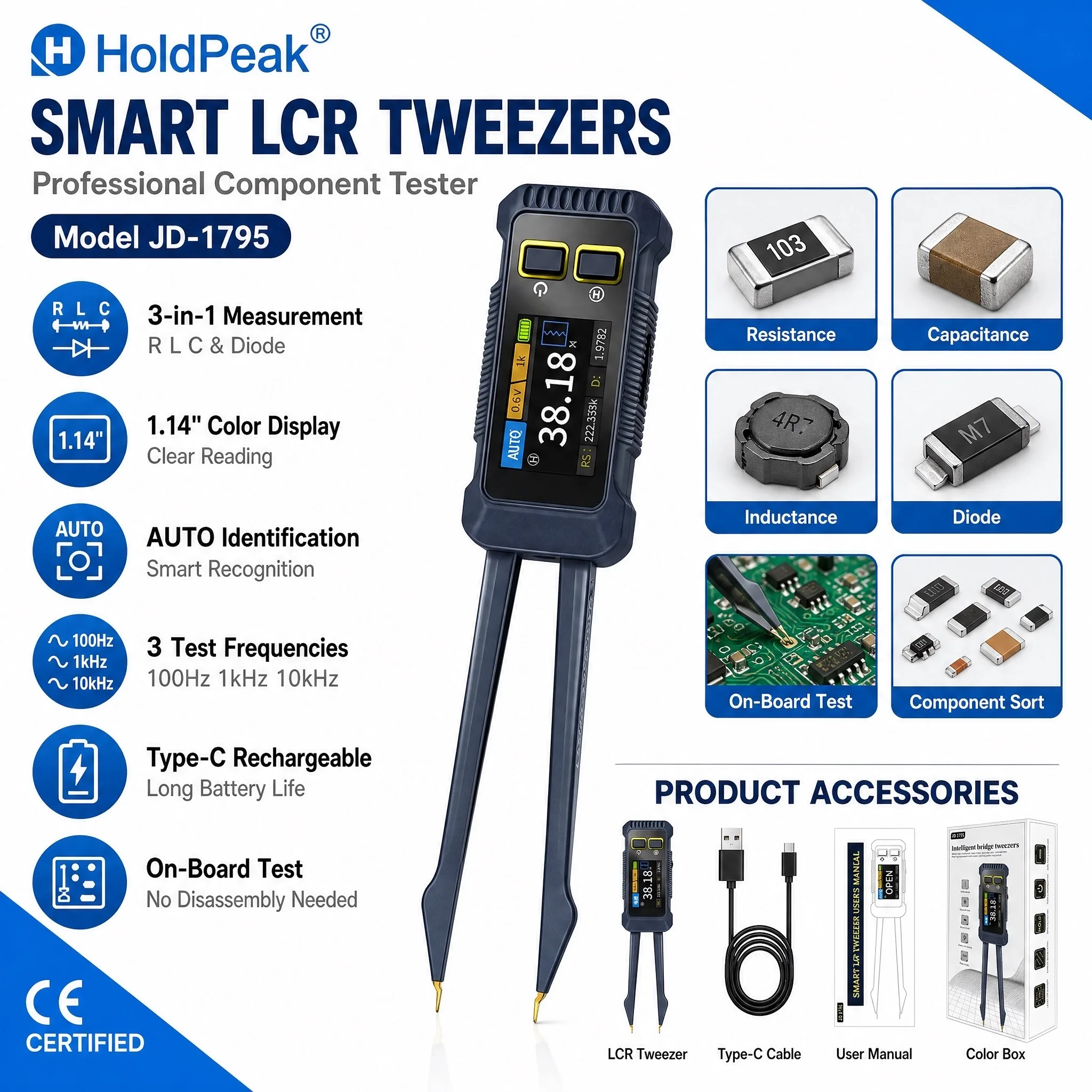 Smart LCR Tweezers Resistance Capacitance Inductance Diode Tester 100Hz/1kHz/10kHz 0.3v/0.6v 1.14" Screen