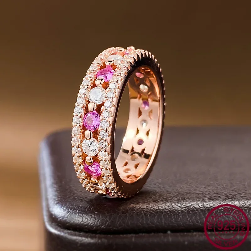 S925 Silver Ring ins Women's Red Corundum Intercolor Setting Ring with Rose Gold Plating gift Jewelry Ring