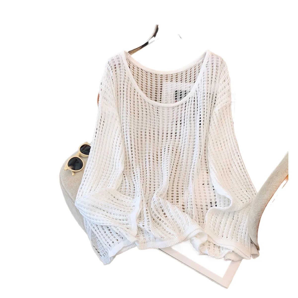 

Hollow Out Knitted Sweater Women's Summer New lazy Style Loose Sunscreen Clothes Round Neck Long Sleeved All-Matched Top