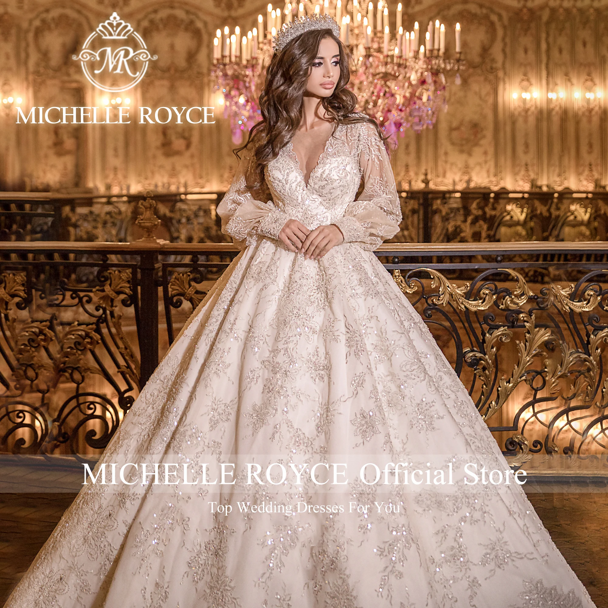 Michelle Royce Luxus Ballkleid Brautkleider für Frauen Puff ärmel schimmernd Pailletten Brautkleid Vestidos de Novia