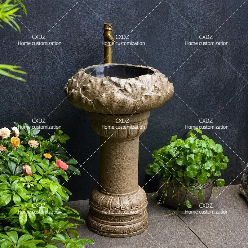 Outdoor Courtyard Washbasin Floor Standing Balcony Garden Sink New Chinese Style Villa Yard Column Basin