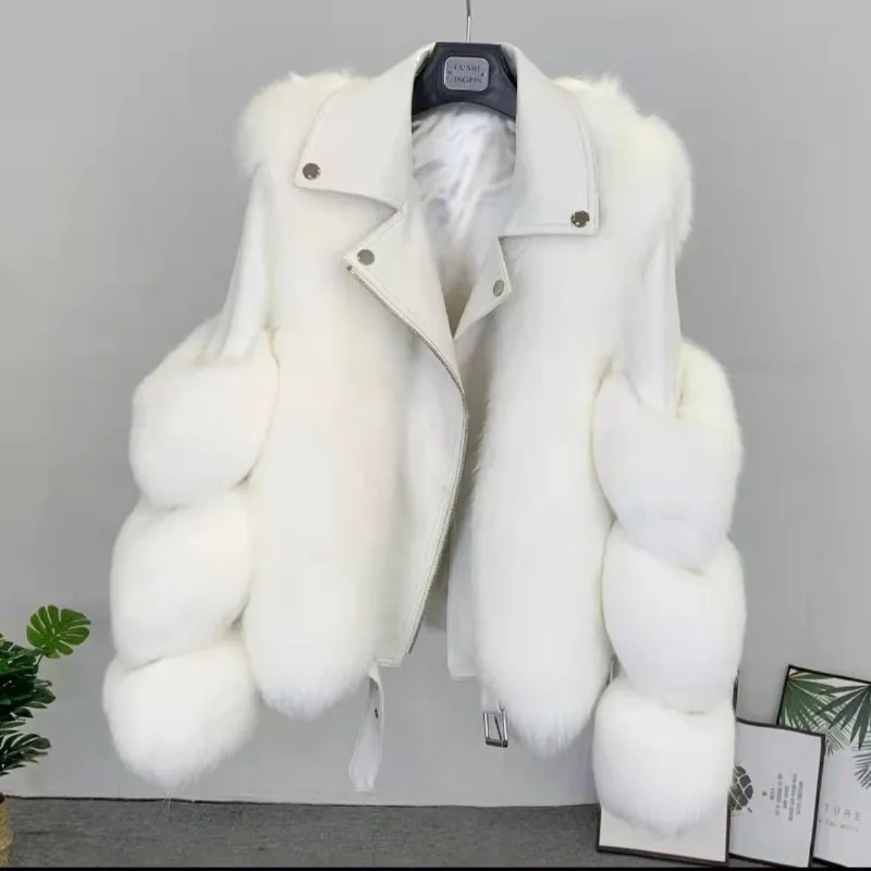جديد جلد كامل فو الثعلب الفراء فو الفراء معطف المرأة موضة دراجة نارية نمط معطف قصير وشباب الوردي موضة ملابس خارجية دافئة