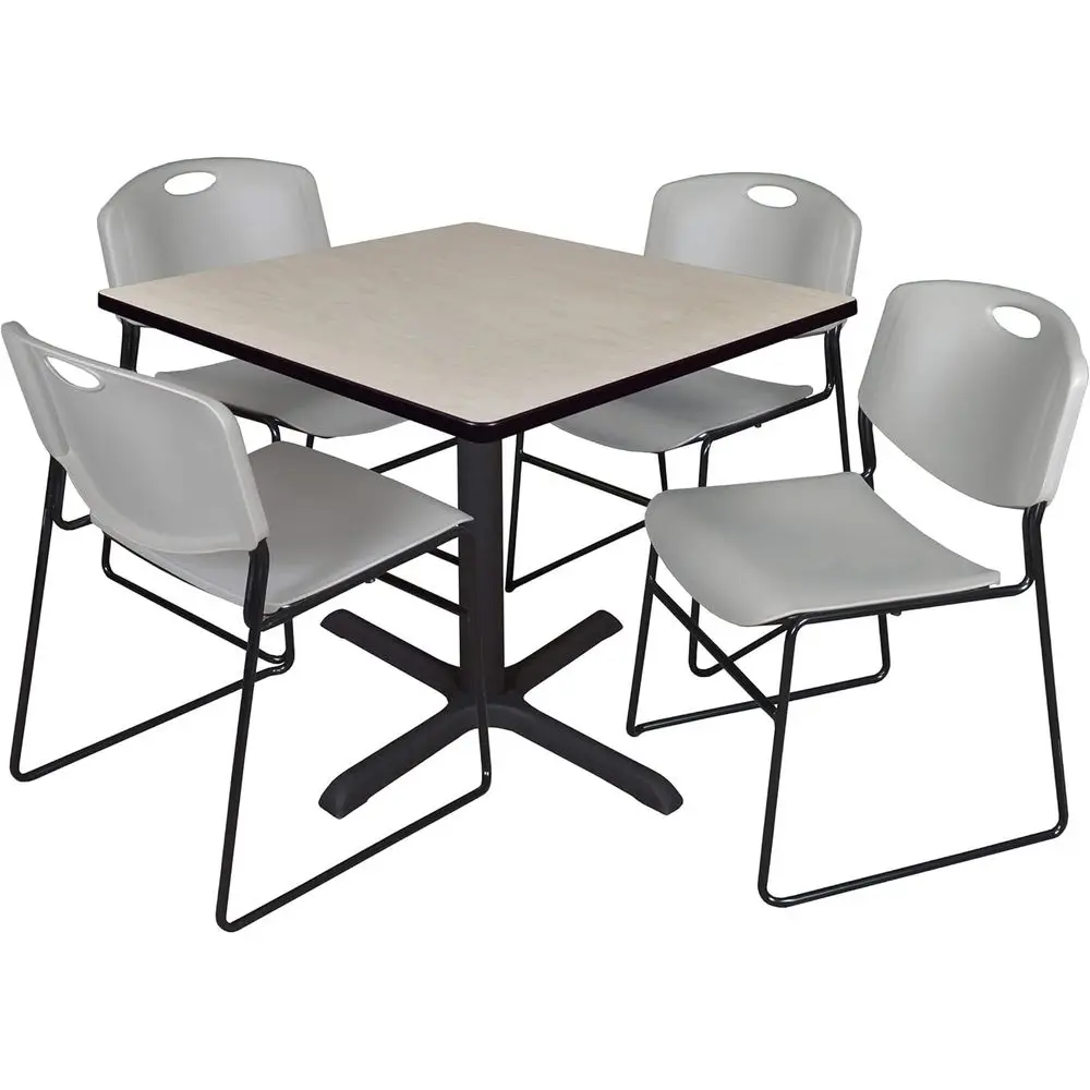 

36 Square Maple Table with 4 Grey Stackable Chairs for Breakroom