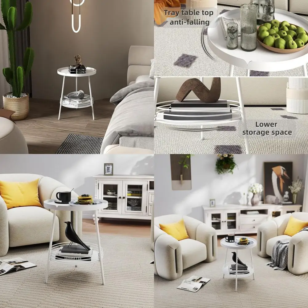 

White 2-Tier Round Metal Side Table with Two Shelves for Coffee, Sofa, End Table Use in Living Room and Bedroom