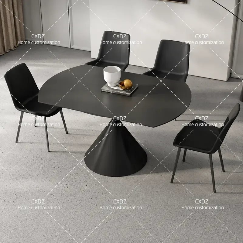 Black Telescopic Rock Slab Dining Table Rotating Extendable Round to Square Modern Simple Household Small Apartment Furniture