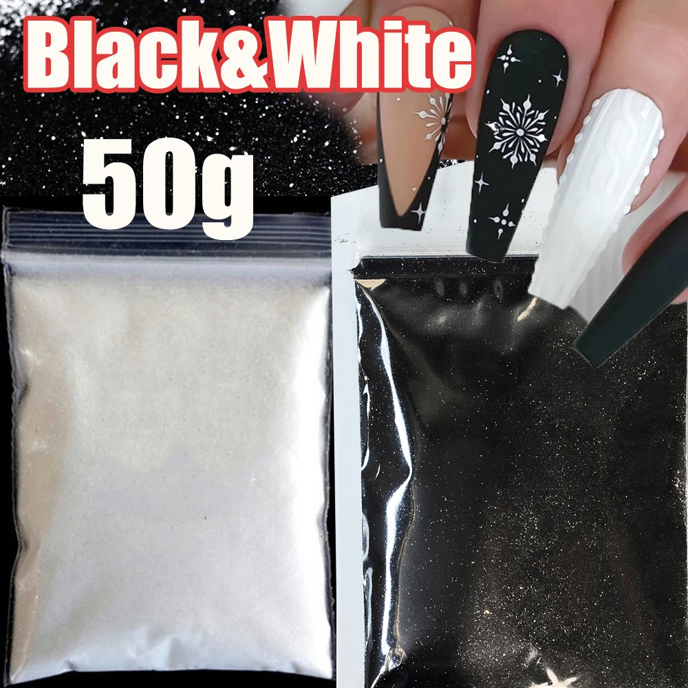 

50 г/пакет, рождественский черный/белый переливающийся сахарный порошок для ногтей, сверхтонкий 0,2 мм, конфетное пальто, свитер, пудра для ногтей, рождественский сахарный пыль