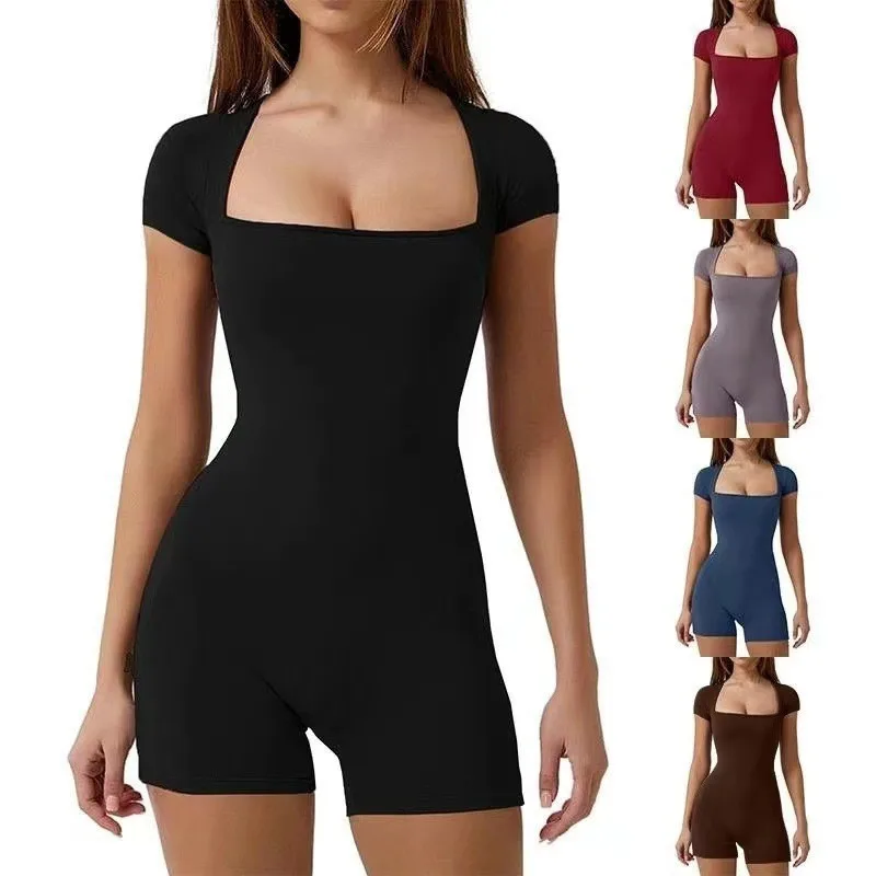 Plausuits Women 2025 Jumpsuit Summer Sexy New Square Collar short-sleeved Yoga Leisure Sports Waist women's Jumpsuits TXGL517