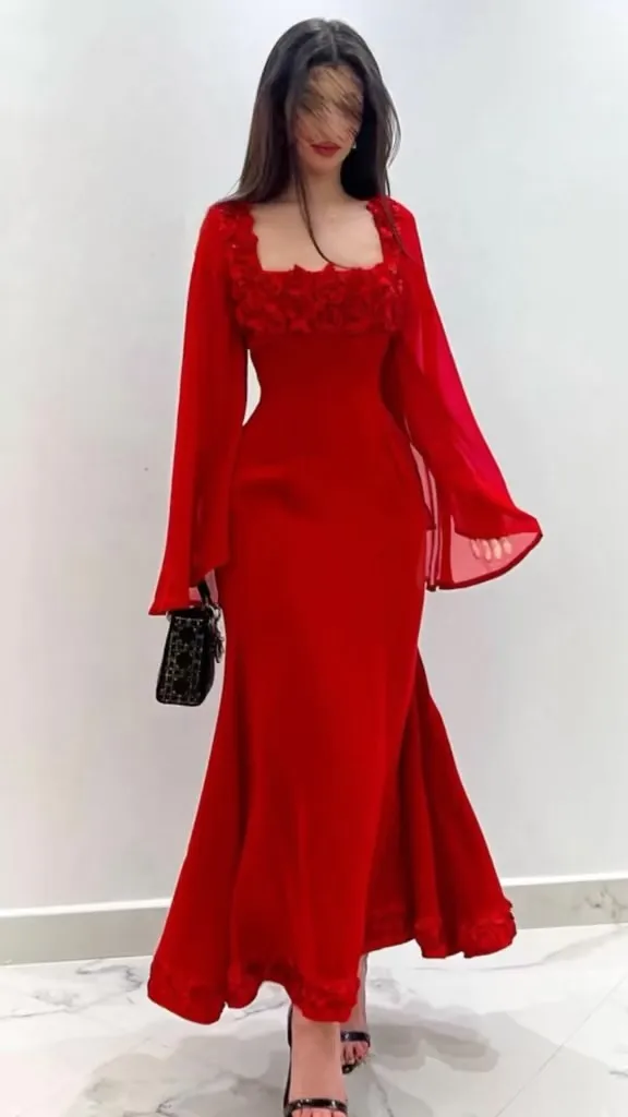 Elegant Dubai Prom Dress With 3D Flowers Full Sleeves Tea Length Evening Dress Women Birthday Wedding Party Formal Gowns Arabia