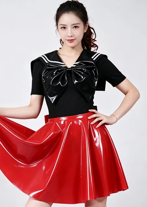 Latex Pure Rubber Cosplay Dress Masquerade Skirt with Bows Costume Rear Zipper 0.4MM