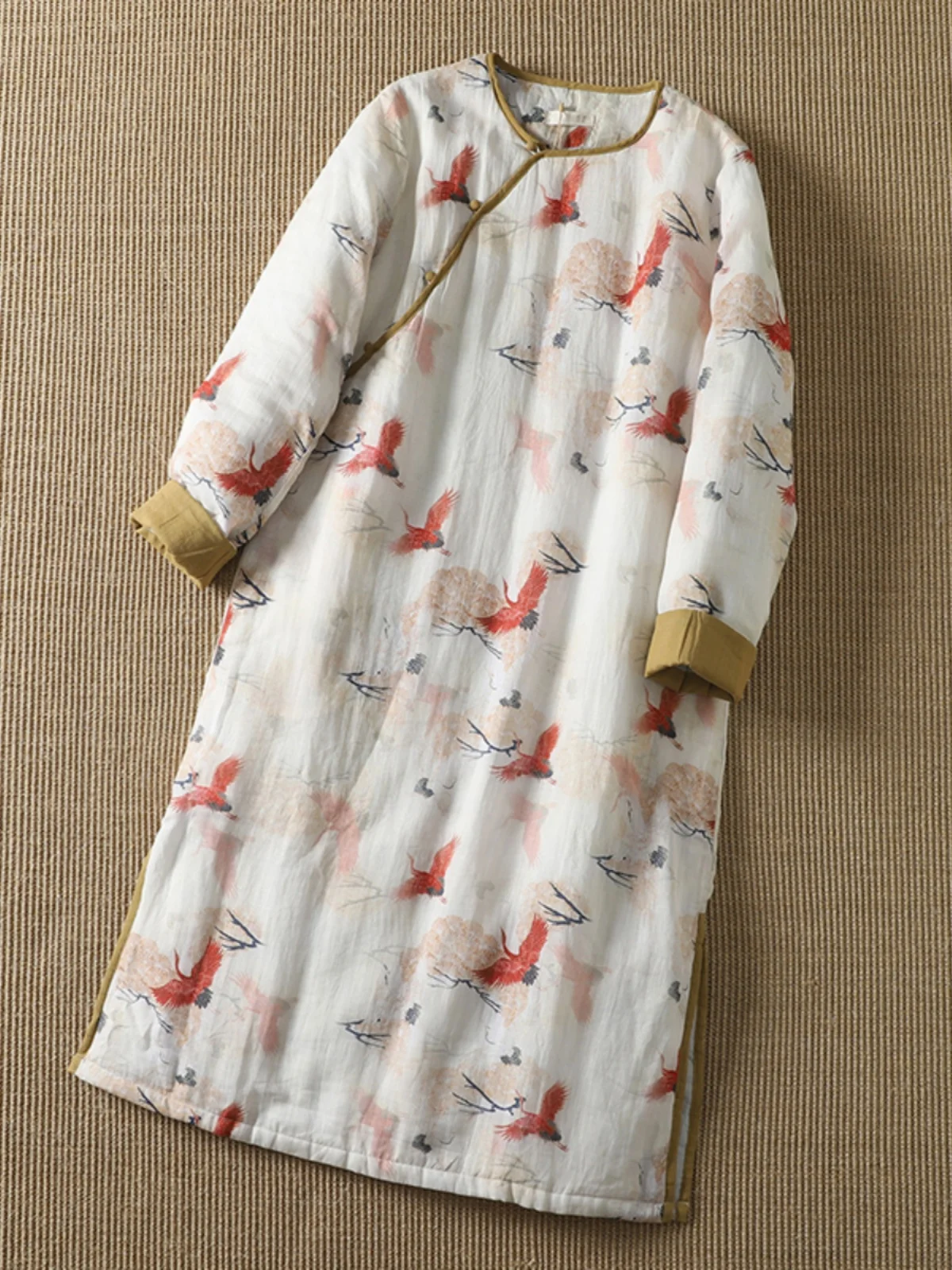 

Высококачественная хлопковая женская винтажная свободная куртка с принтом журавля Аосфера, большой размер, новая китайская внутренняя одежда Long Sve Mid-L...