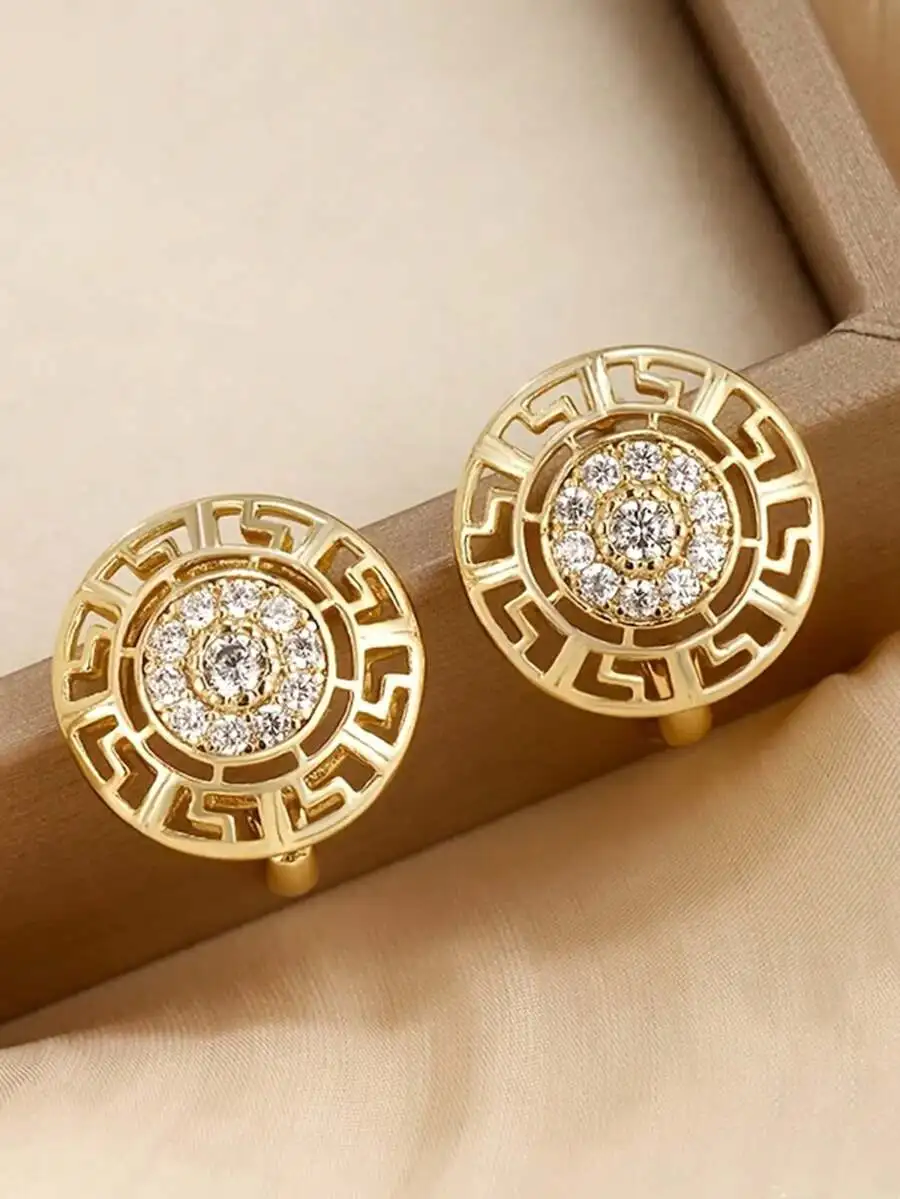 Cubic Zirconia Stud Earrings With Greek Key Pattern For Women