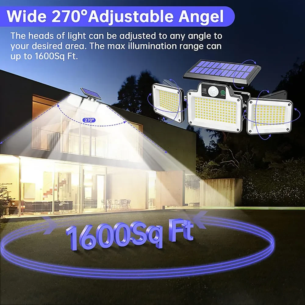 3 Head Outdoor Solar Lights Solar Motion Sensor Lights 280LED Security Solar Wall Lamp With 3 Modes Waterproof Flood Lights