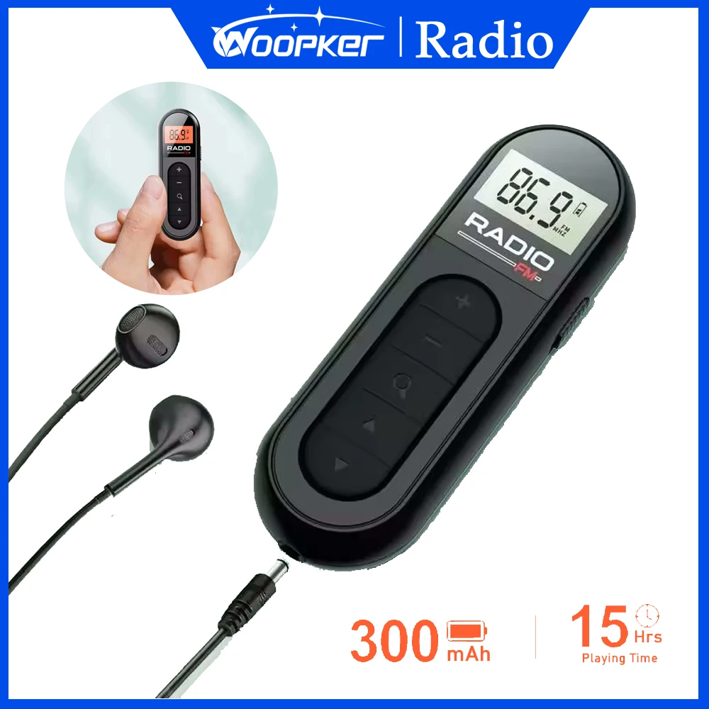 راديو FM مشبك على راديو محمول صغير 76-108 ميجا هرتز 3.5 ملم مقبس سماعة الرأس قابل لإعادة الشحن مناسب للاجتماعات والسفر Woopker