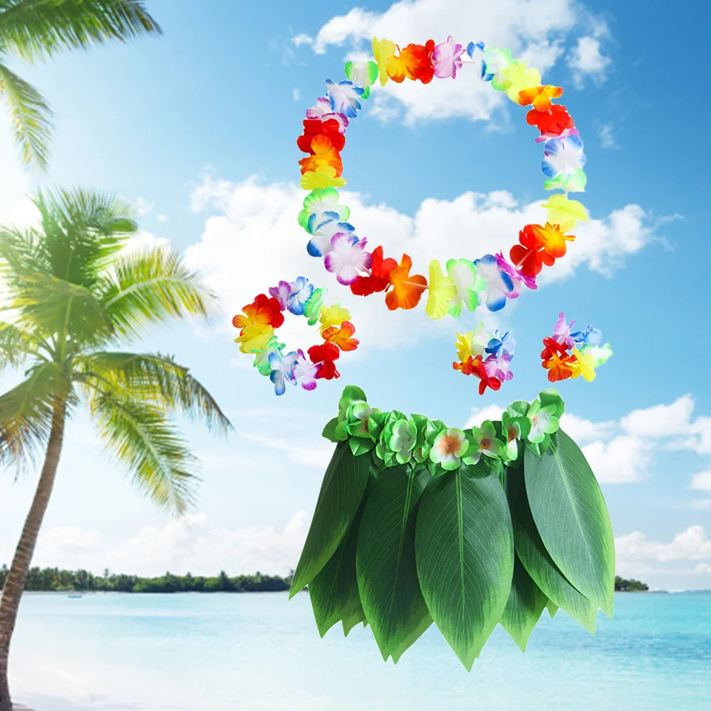 

5Pcs Hula Skirt Set Green Leaves Bracelets Headband Xl 100-160cm Waist Luau Party Costumes Tropical Beach Events
