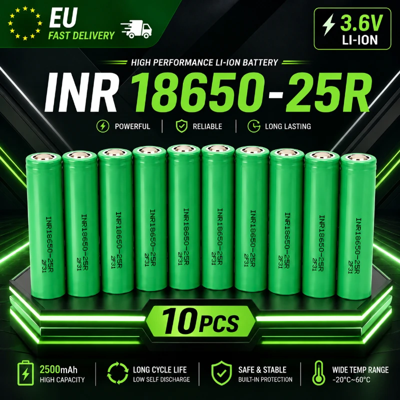 Batteria al litio ricaricabile Inr18650 25R, 2500 mAh, 3,6 V, 20 A, con elevata capacità di scarica e lunga durata, ideale per pacchi batteria e utensili. Disponibile in magazzino europeo con