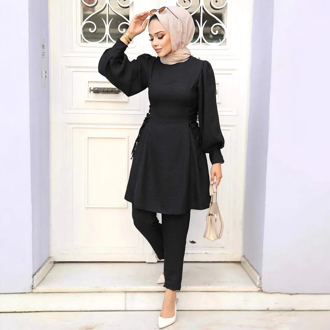 Muslim Fashion Sets Middle East Arabic Women Solid Color Top and Pant Set Muslim Modest Adjustable Long Sleeves Casual Suit