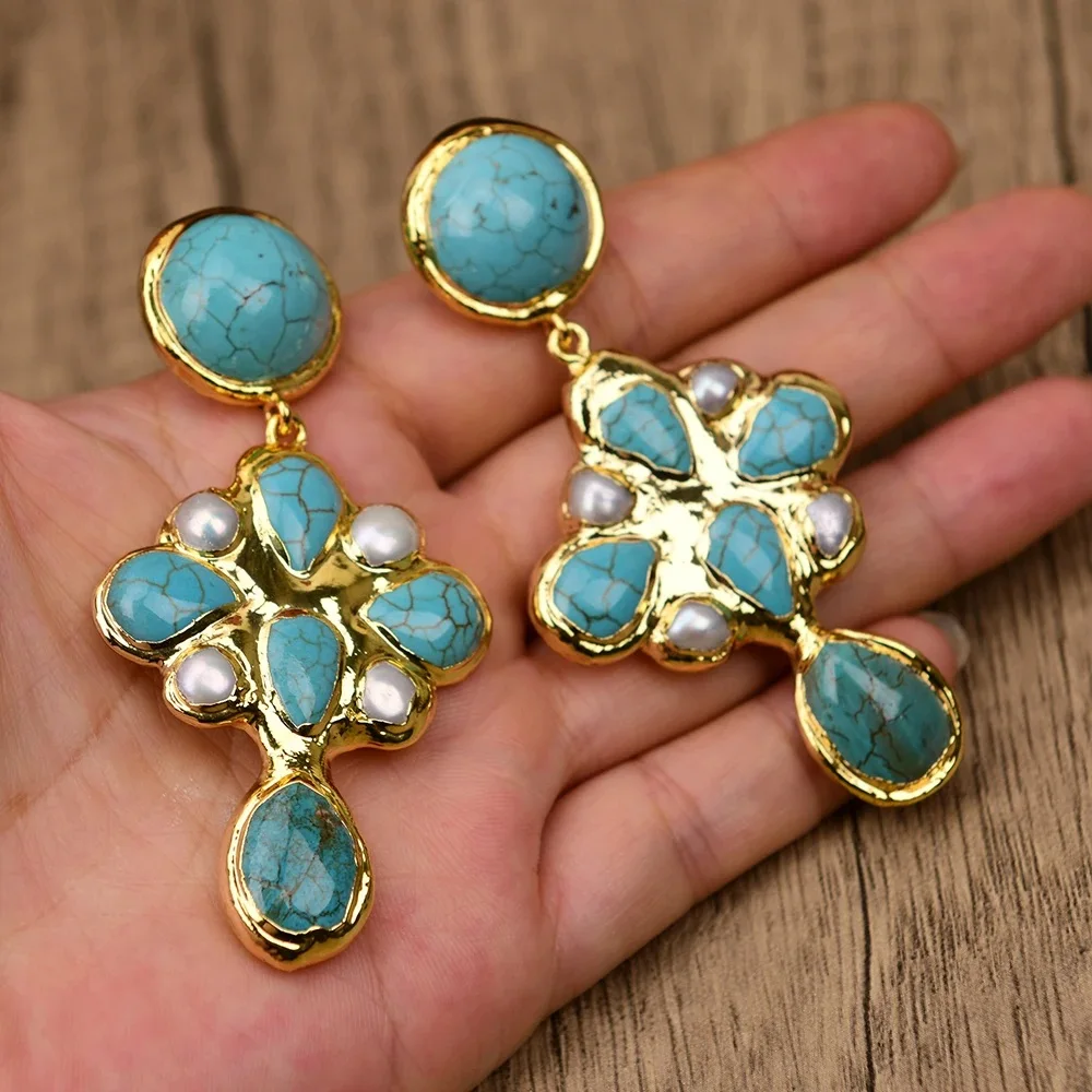 

Big Cultured White Pearl Gold Plated Edge Blue Turquoise Stud Dangle Earrings For Lady