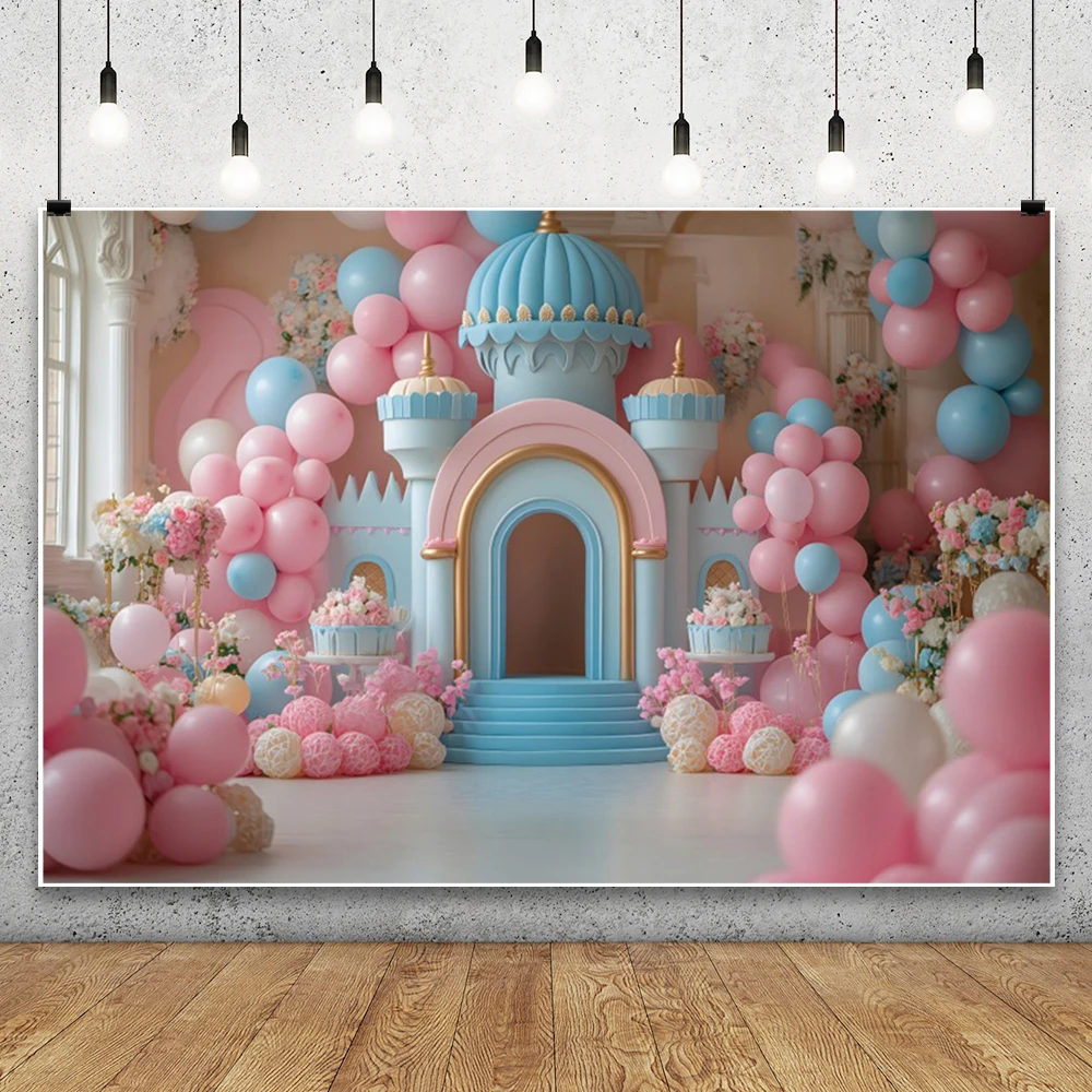 Colorful Balloon Flower Castle Princess Girl Birthday Party Decor Backdrop Fairy Tale Castle Photography Background Photo Studio
