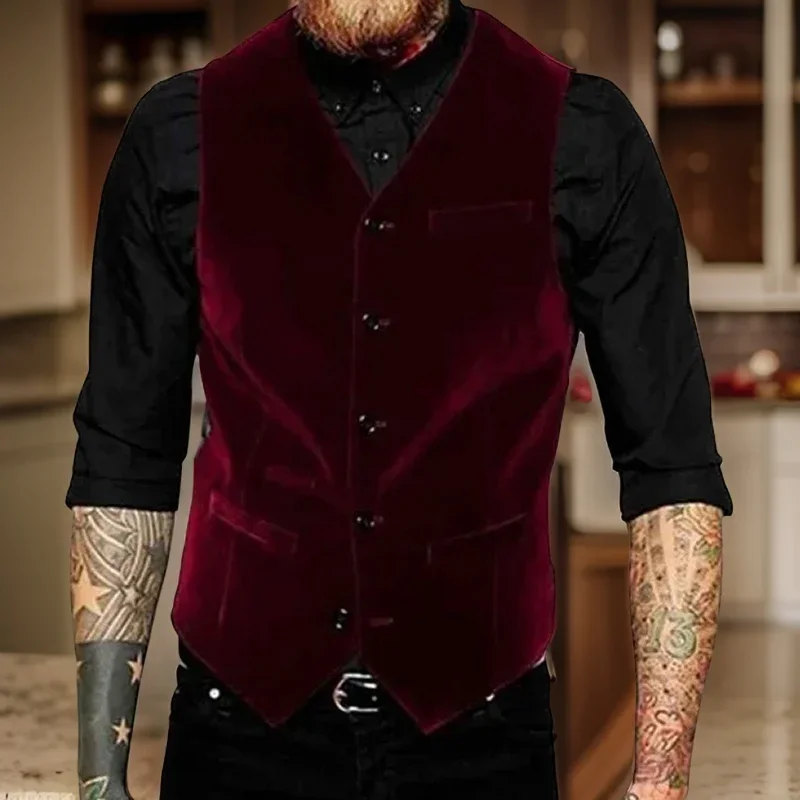 

Burgundy Velvet Vest for Men Suit V Neck Single Breasted 1 Pc Casual Male Waistcoat New Fashion Coat
