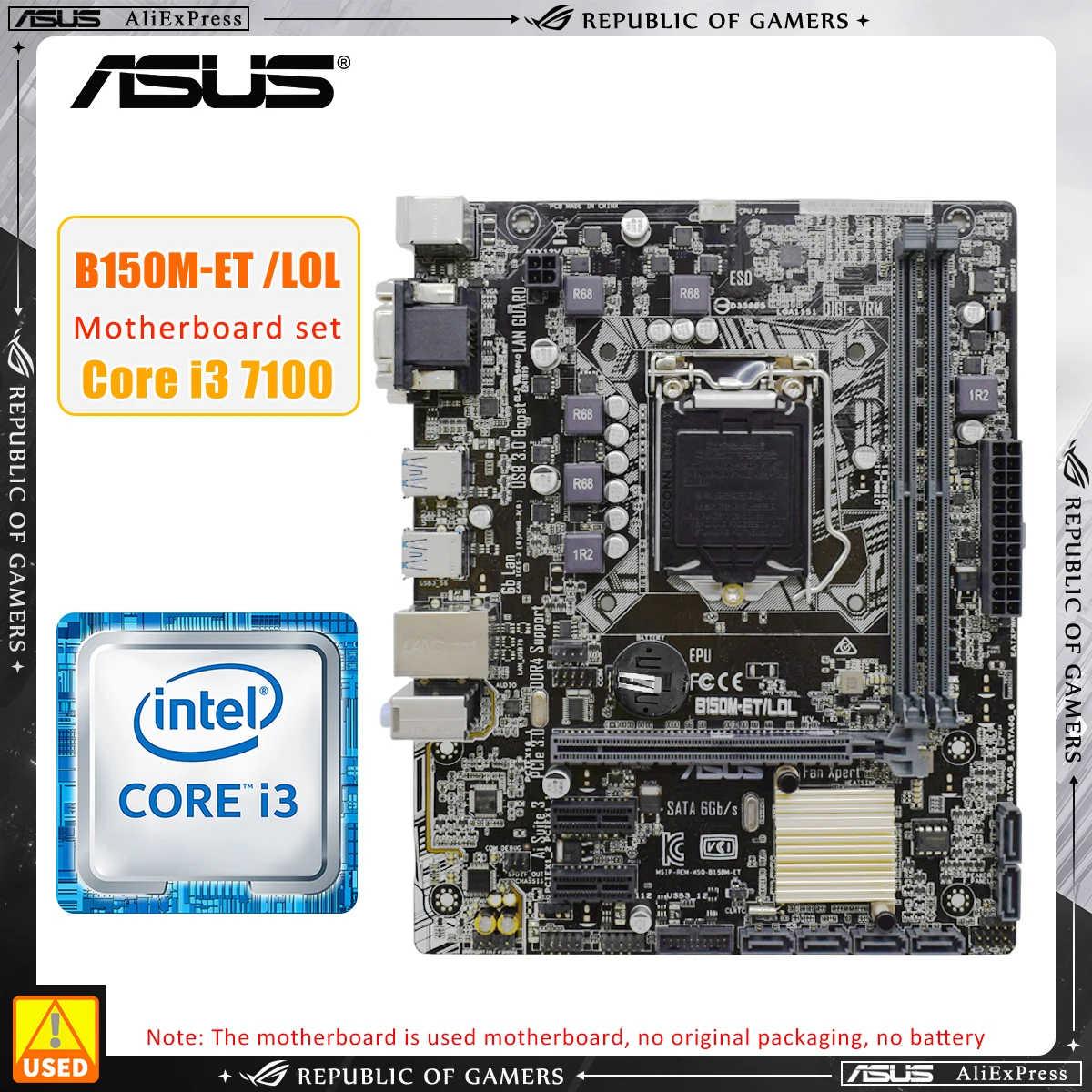 

ASUS B150M-ET/LOL, Used Motherboard, LGA 1151 Motherboard, With i3 7100, Supports 2x DIMM Max. 32GB DDR4, Micro ATX Mainboard