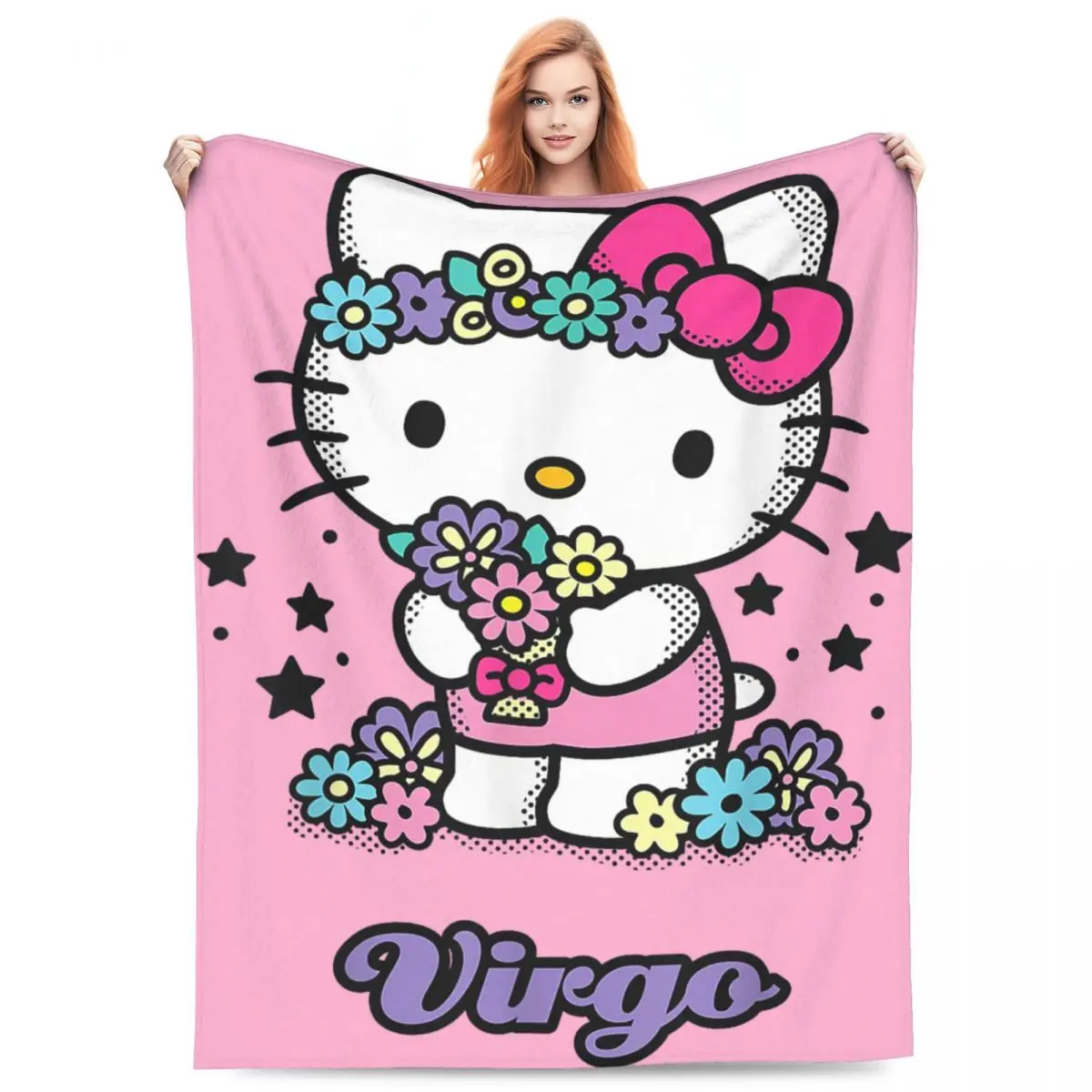 Hello Kitty Zodiac Virgo Knitted Blanket Fleece Warm Throw Blanket for Car Sofa Couch Bed Rug