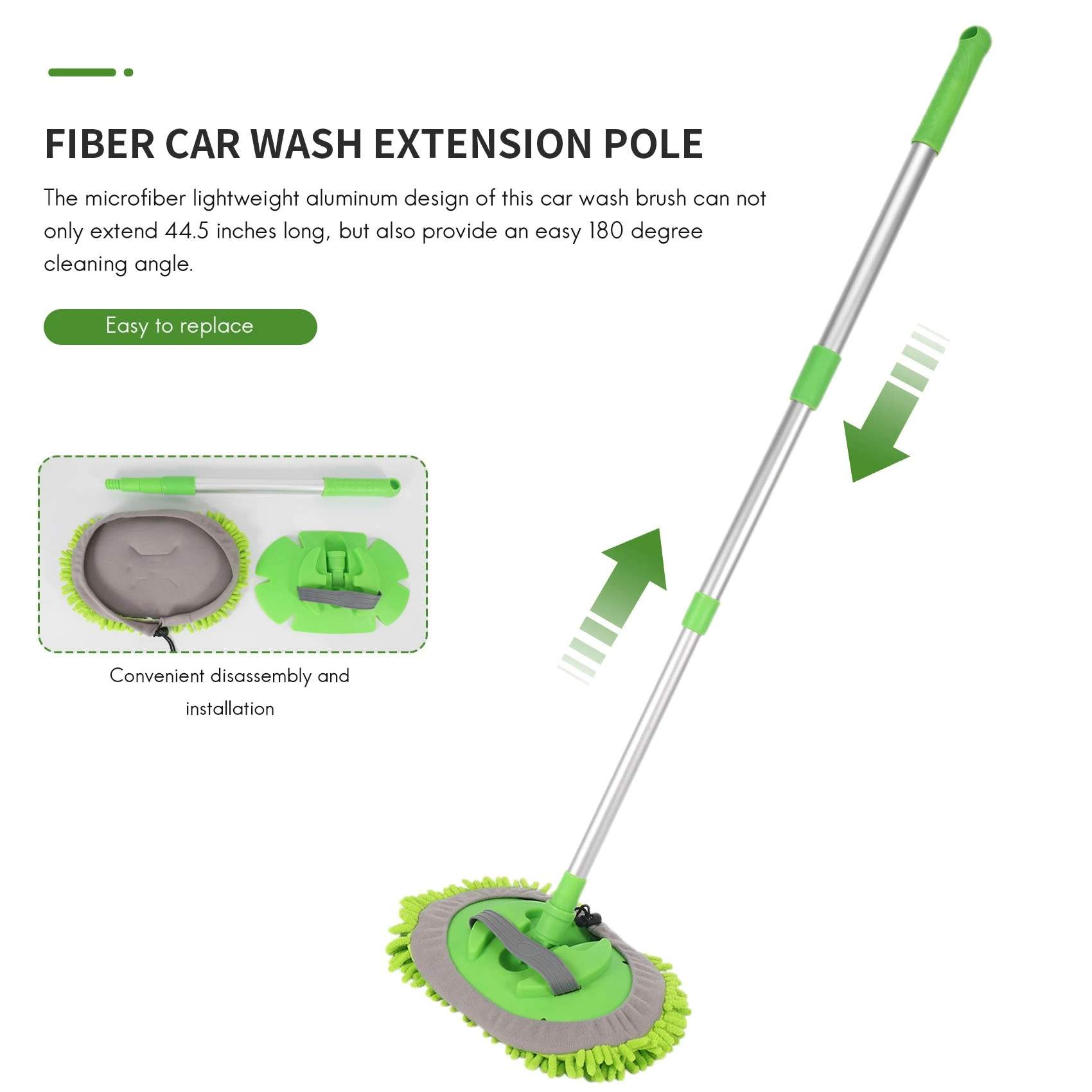 2 in 1 Car Wash Mop Mitt with Long Handle, Chenille Microfiber Car Wash Dust Brush Extension Pole 24-46In, Scratch Cleaning Tool