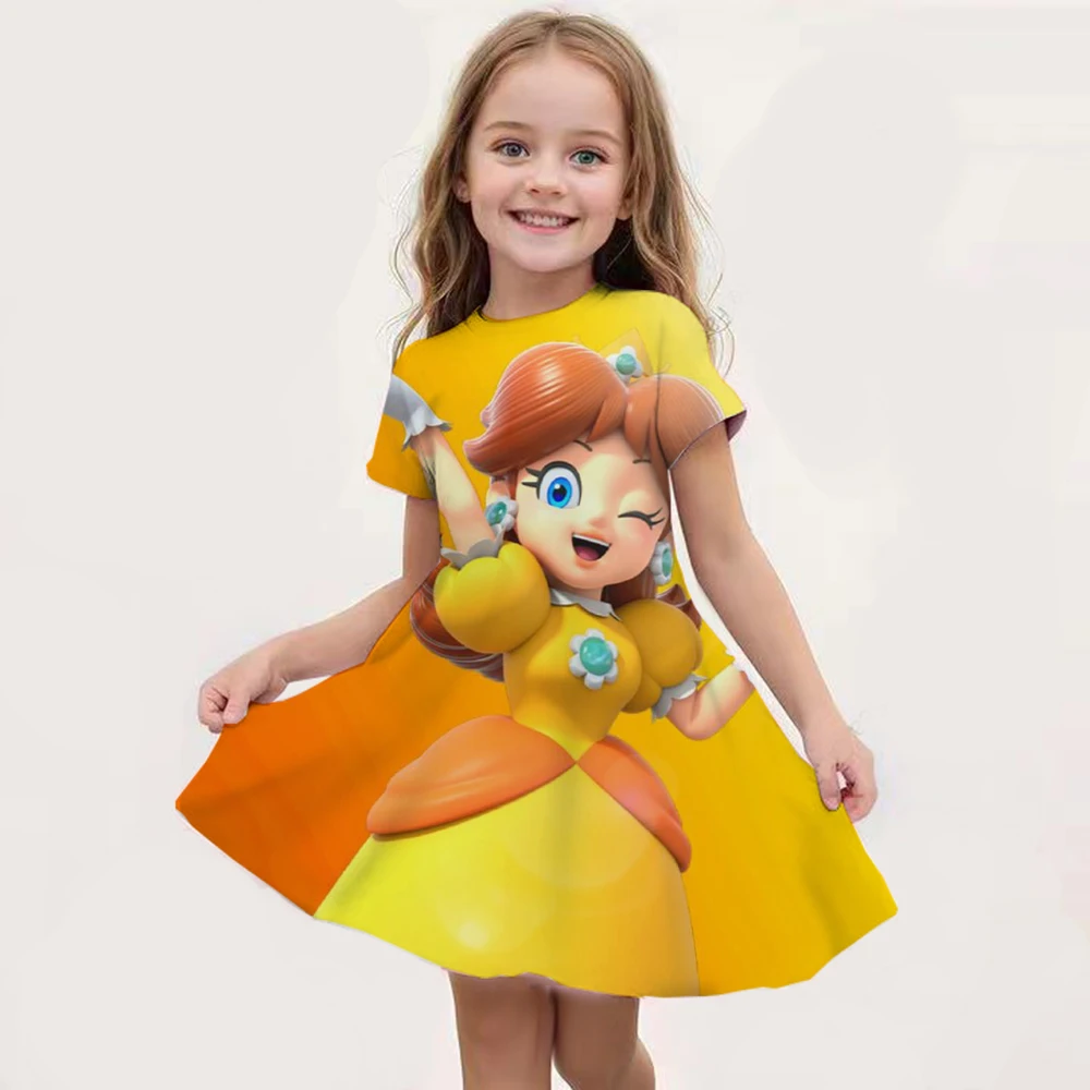 2024 Summer Peach Princess print Dress Girls Women Short Sleeve Costume Party Dresses Children Clothes Skirt Super Mario Games