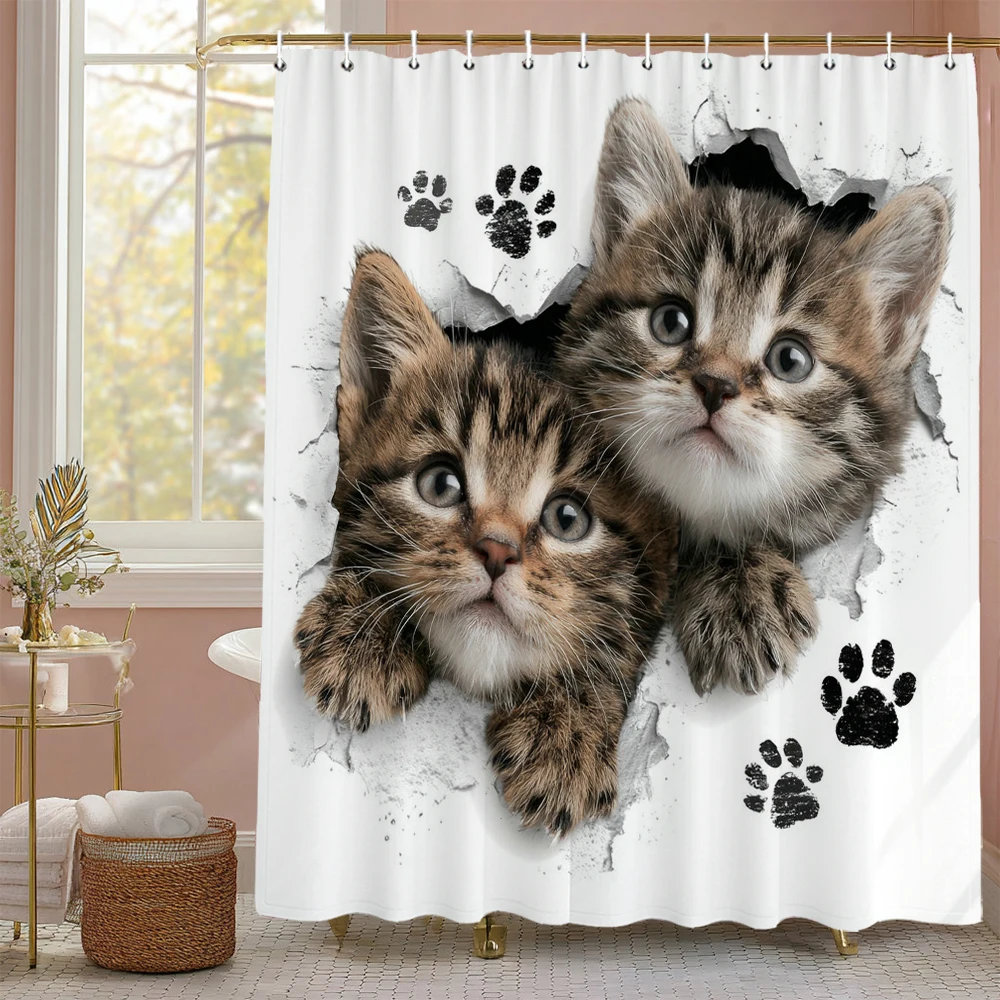 

Creative cartoon cute cat Funny Shower Curtain, Bathroom Decorative Shower Curtain, Waterproof Shower Curtain with Hooks