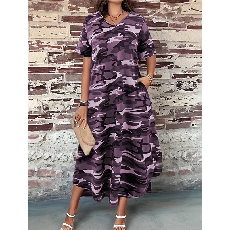 FX-Women's Casual Summer T Shirt Dress Loose Short Sleeve Camo Tunic Dress With Pocket For Women