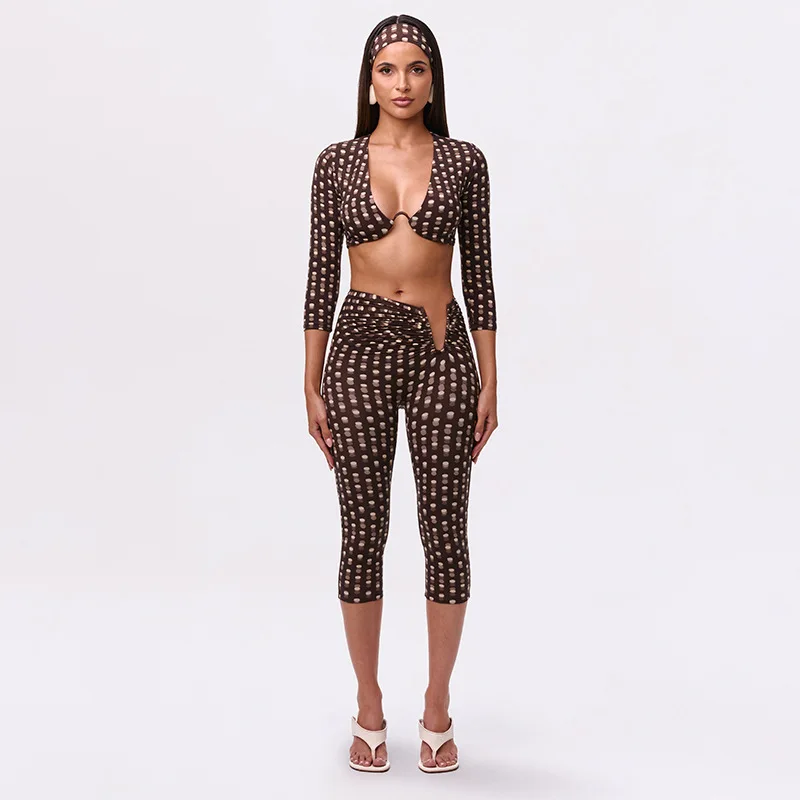 Damen 2-Teiliges Outfit mit Polka-Dot-Print, Tief Ausgeschnittenes Crop-Top + Hochgeschnittene Capri-Hose Set mit Stirnband, Sexy Nachtclub-Party-Trainingsanzug – Detail 4