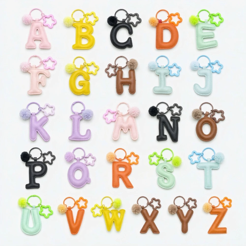 Chaveiro de Letra Inicial com Pom Pom e Estrela, Pingente de Couro A-Z para Bolsas Femininas, Mochilas e Bolsas de Mão, Chaveiro Personalizado