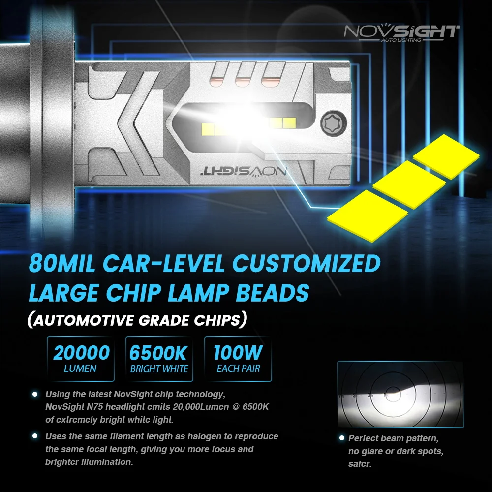 Передняя фара Novsight N75 H4 для автомобиля, лампа для фар головного света H7, 9005, HB3, 9006, HB4, 9012, 6500K, 100 лм, Вт, 12 В