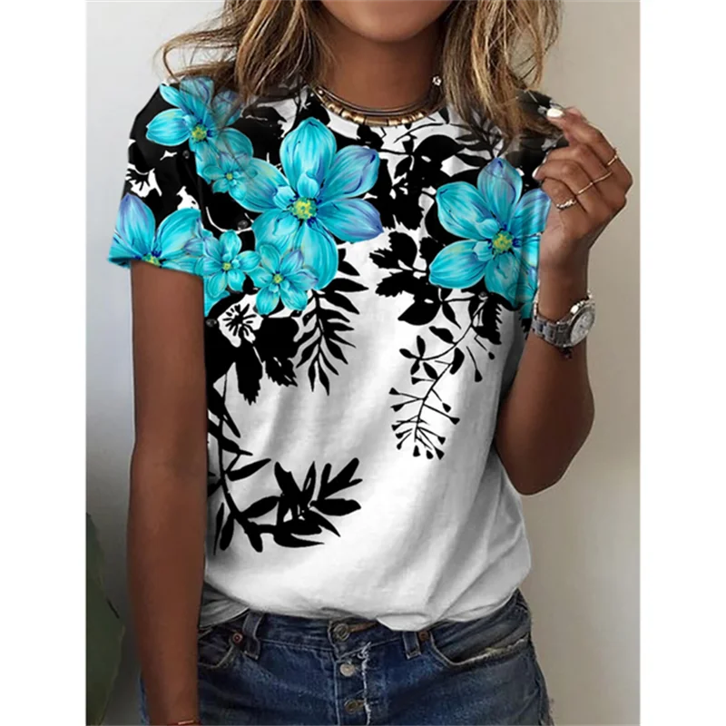 Fashion 3D Women\'s Flower T-shirt Fun Flower Pattern Short sleeved Girl T-shirt Summer Leisure O-neck T-shirt Women\'s Clothing